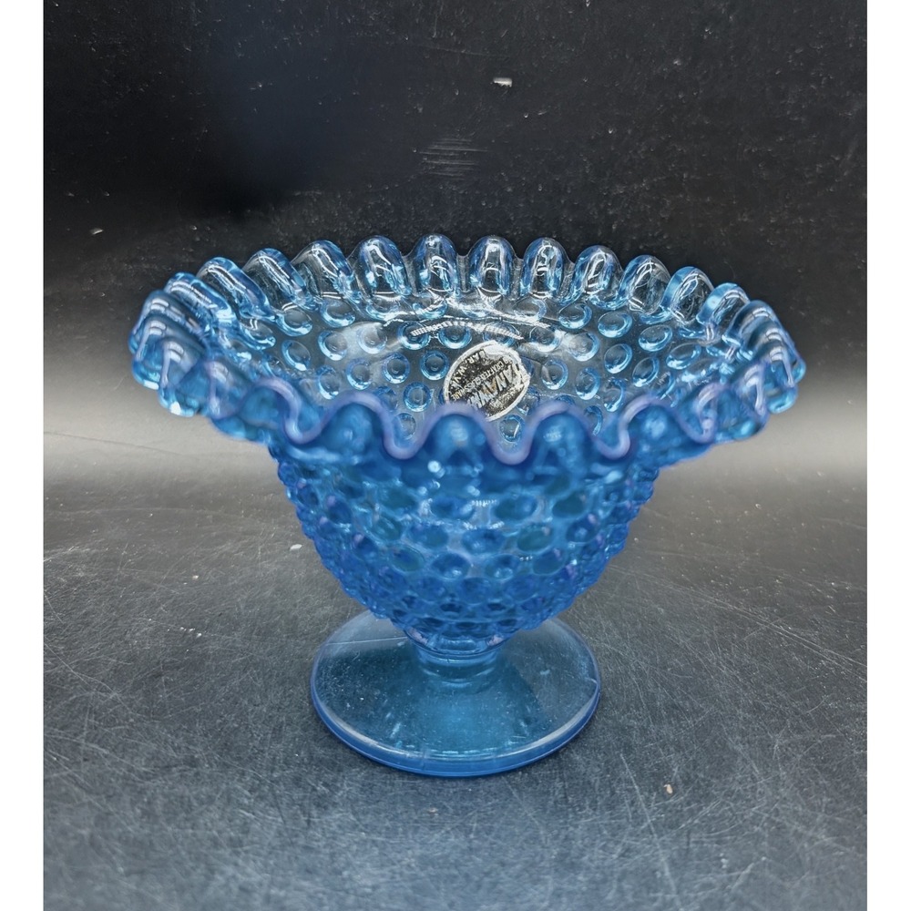 Kanawha Blue Hobnail Glass Compote Dish Ruffled Rim Pedestal Base Vintage MCM